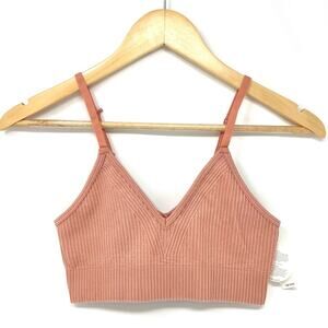 Aerie Offline Ribbed V-neck Longline Two-Way Bra Salmon Pink Women's Medium $35